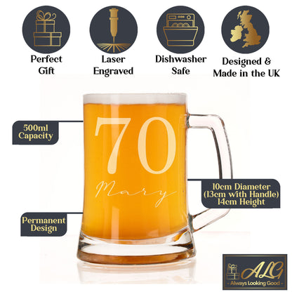 Personalised Beer Stein Glass & Coaster – Engraved with Age & Name Gift Set