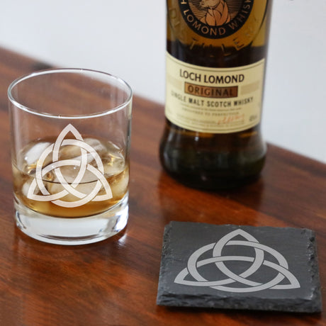 Celtic Knot Engraved Whisky Glass and/or Coaster Set  - Always Looking Good - Glass & Square Coaster Set  