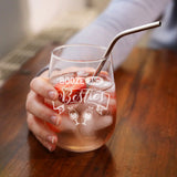 Booze and Besties Engraved Stemless Gin Glass Birthday Gift for Best Friend