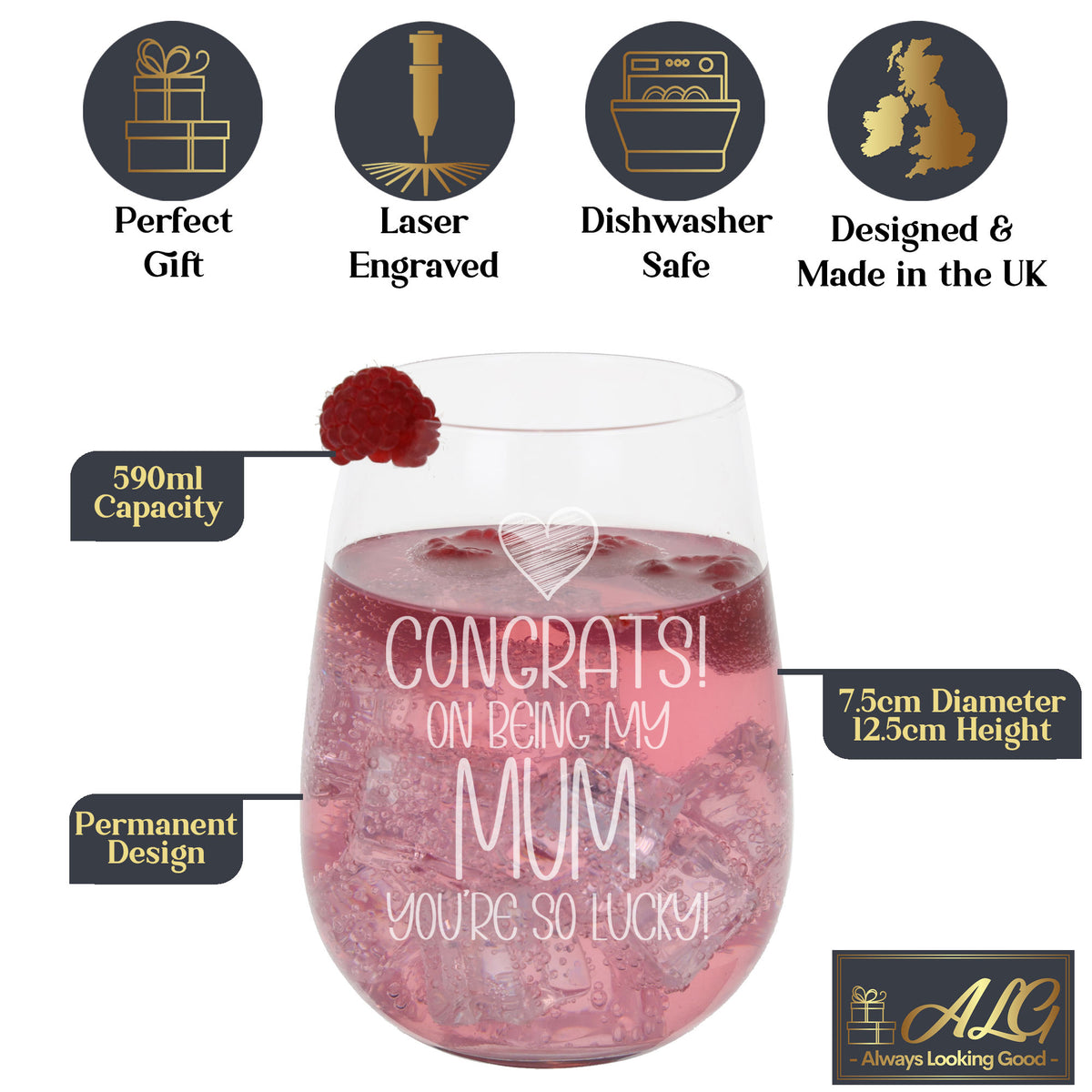 Congrats on Being my Mum Engraved Stemless Gin Glass Birthday Gift for Mum
