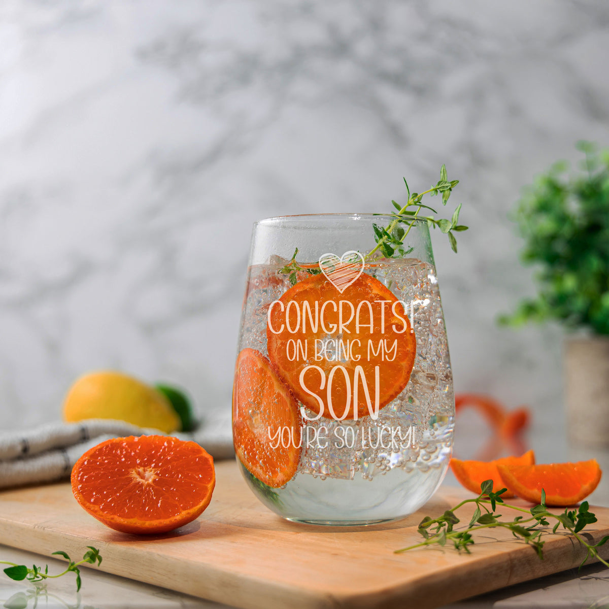Congrats on Being my Son Engraved Stemless Gin Glass Birthday Gift for Son