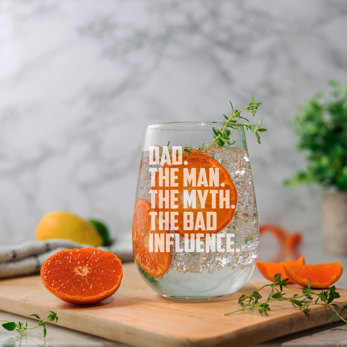Dad The Man The Myth The Bad Influence Engraved Stemless Gin Glass Birthday Gift