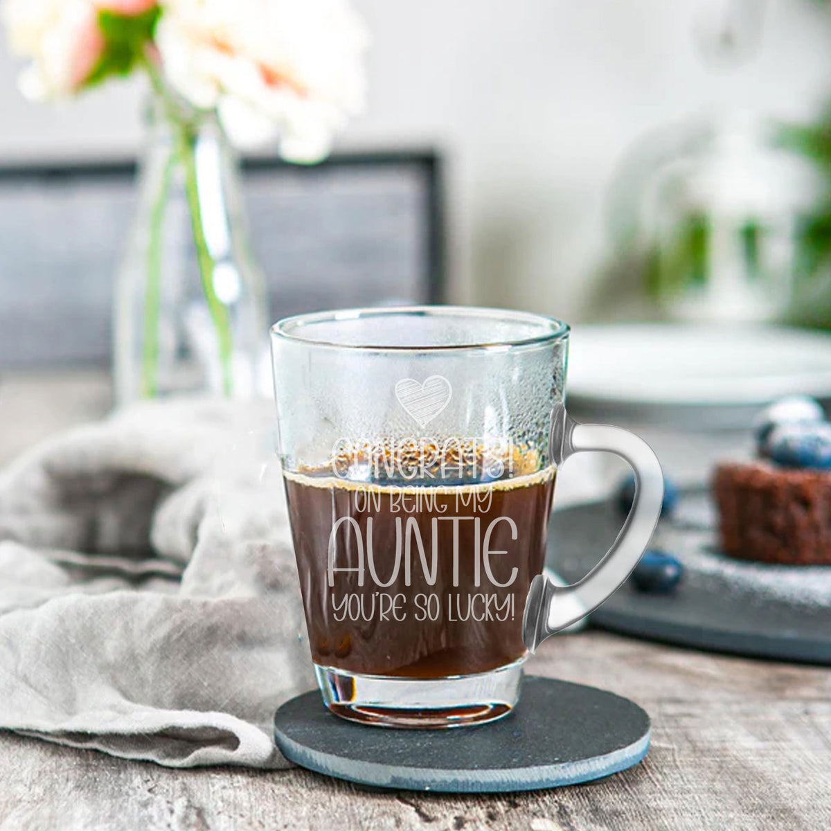 Congrats on Being my Aunt Engraved Glass Coffee Mug Birthday Gift for Auntie