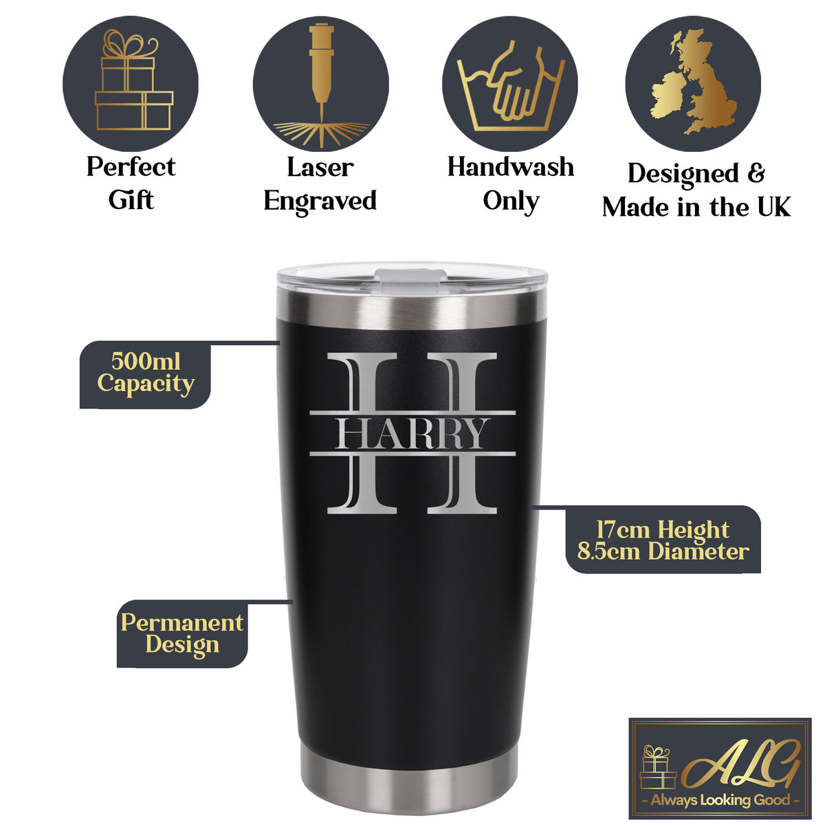 Personalised Split Monogram Birthday Thermal Metal Coffee Cup | Engraved Travel Mug