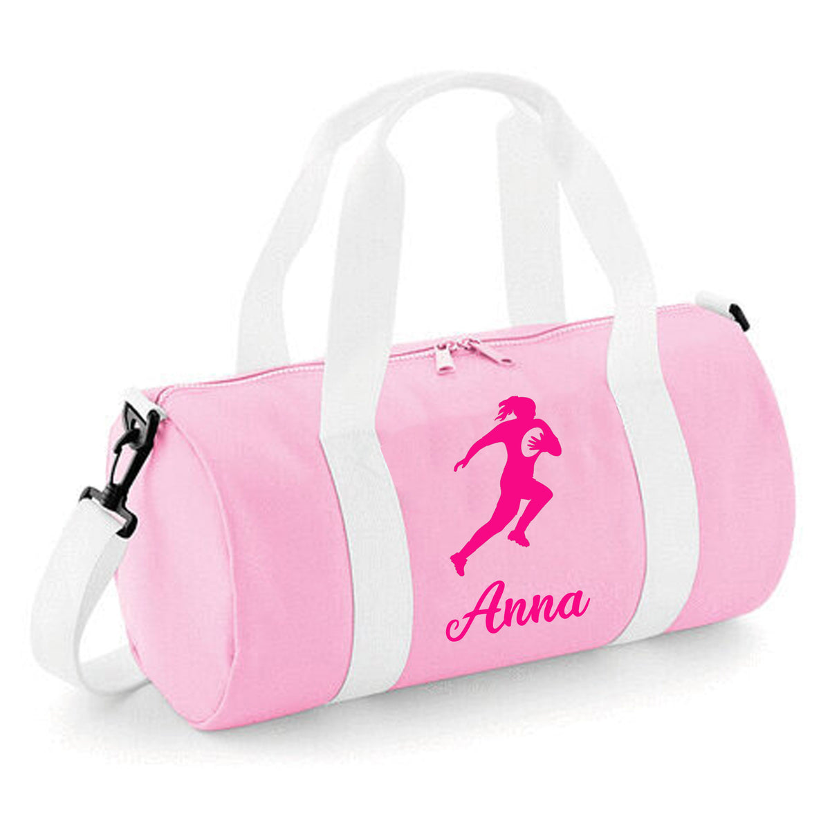 Personalised Female Rugby Player Barrel Bag | Kids Sports Holdall with Name