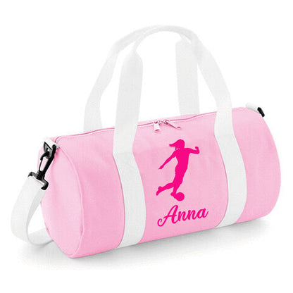 Personalised Female Footballer Barrel Bag with Girls Name