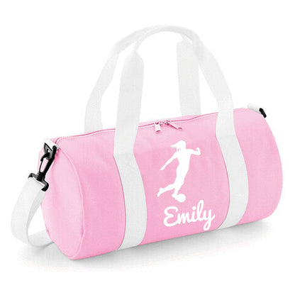 Personalised Female Footballer Barrel Bag with Girls Name
