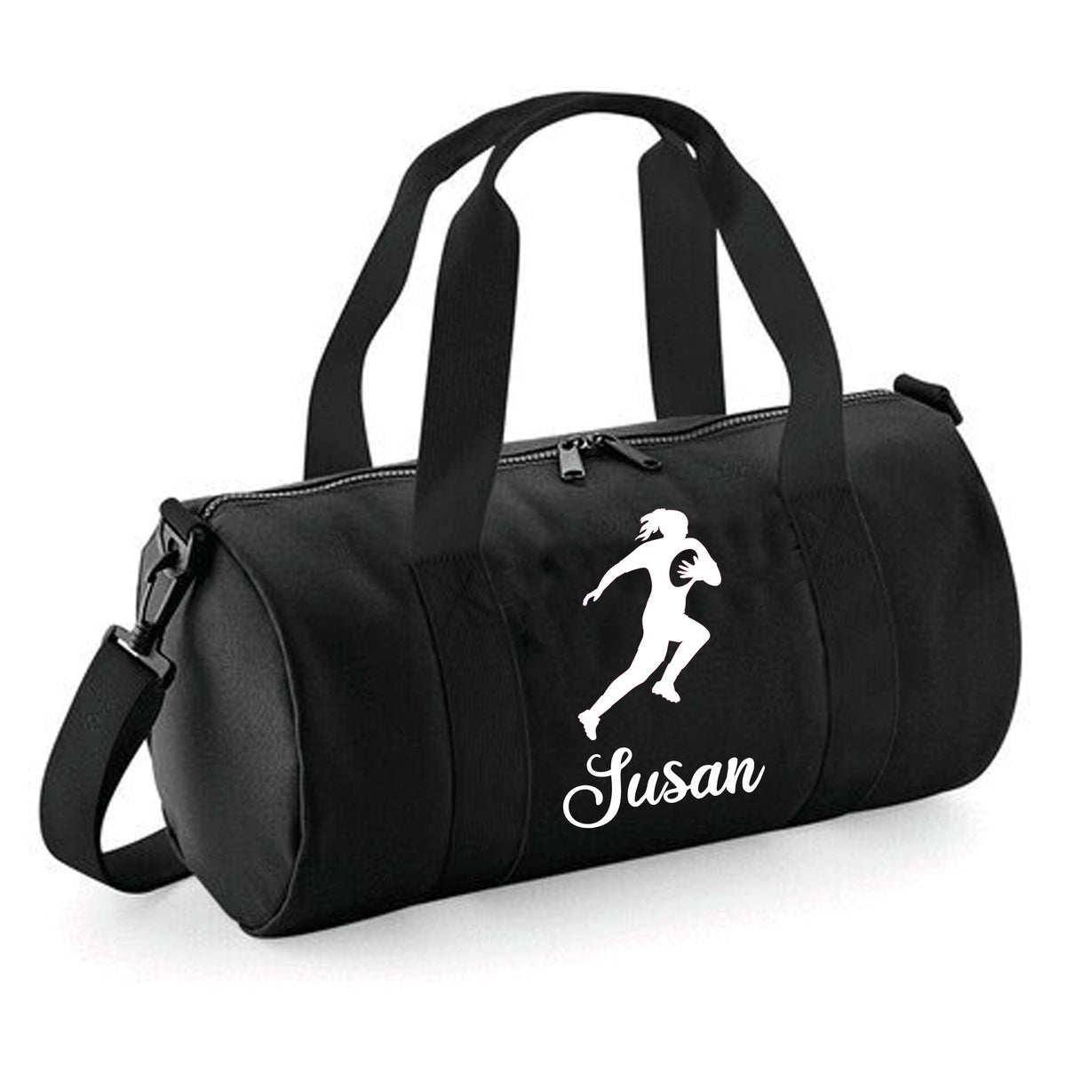 Personalised Female Rugby Player Barrel Bag | Kids Sports Holdall with Name