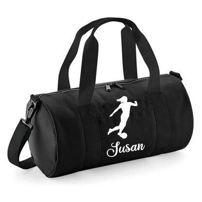 Personalised Female Footballer Barrel Bag with Girls Name