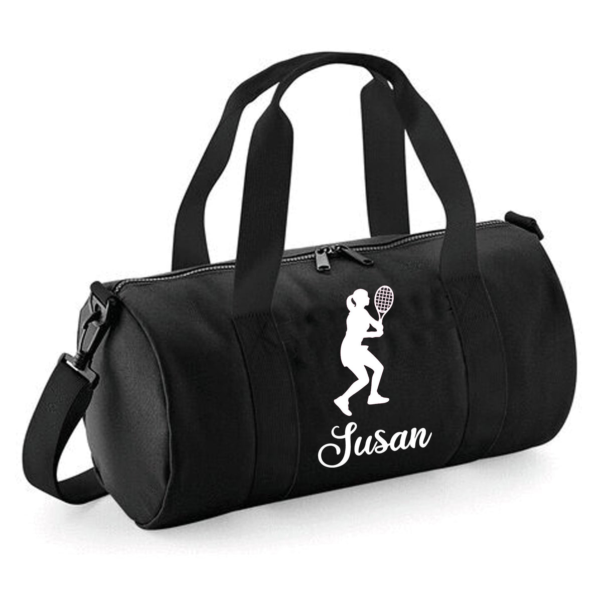 Personalised Female Tennis Player Barrel Bag | Kids Sports Holdall with Name