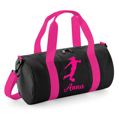 Personalised Female Footballer Barrel Bag with Girls Name