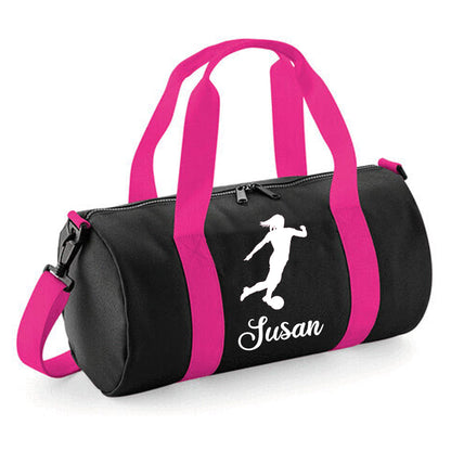 Personalised Female Footballer Barrel Bag with Girls Name
