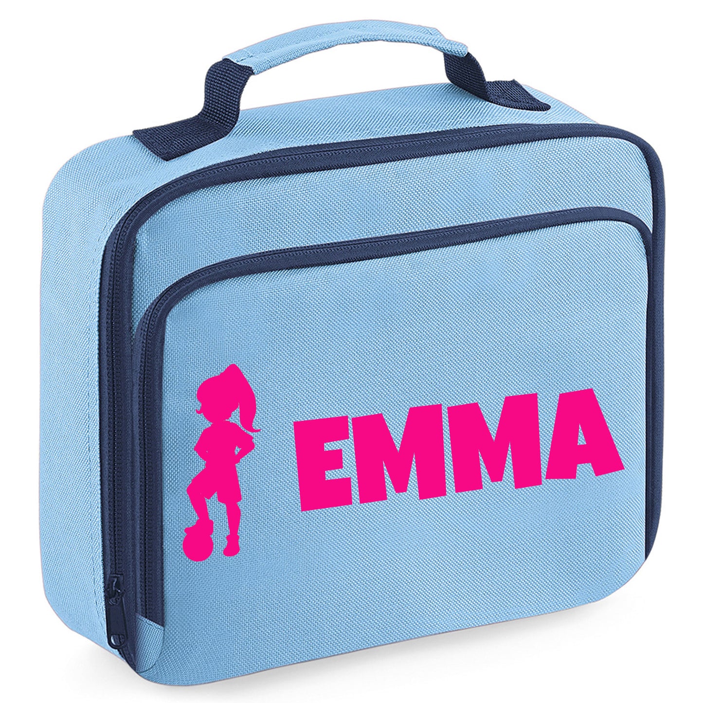 Personalised Lunch Bag with Football Design Childs School Lunch Box  - Always Looking Good - Blue Girl with Pony Tail 