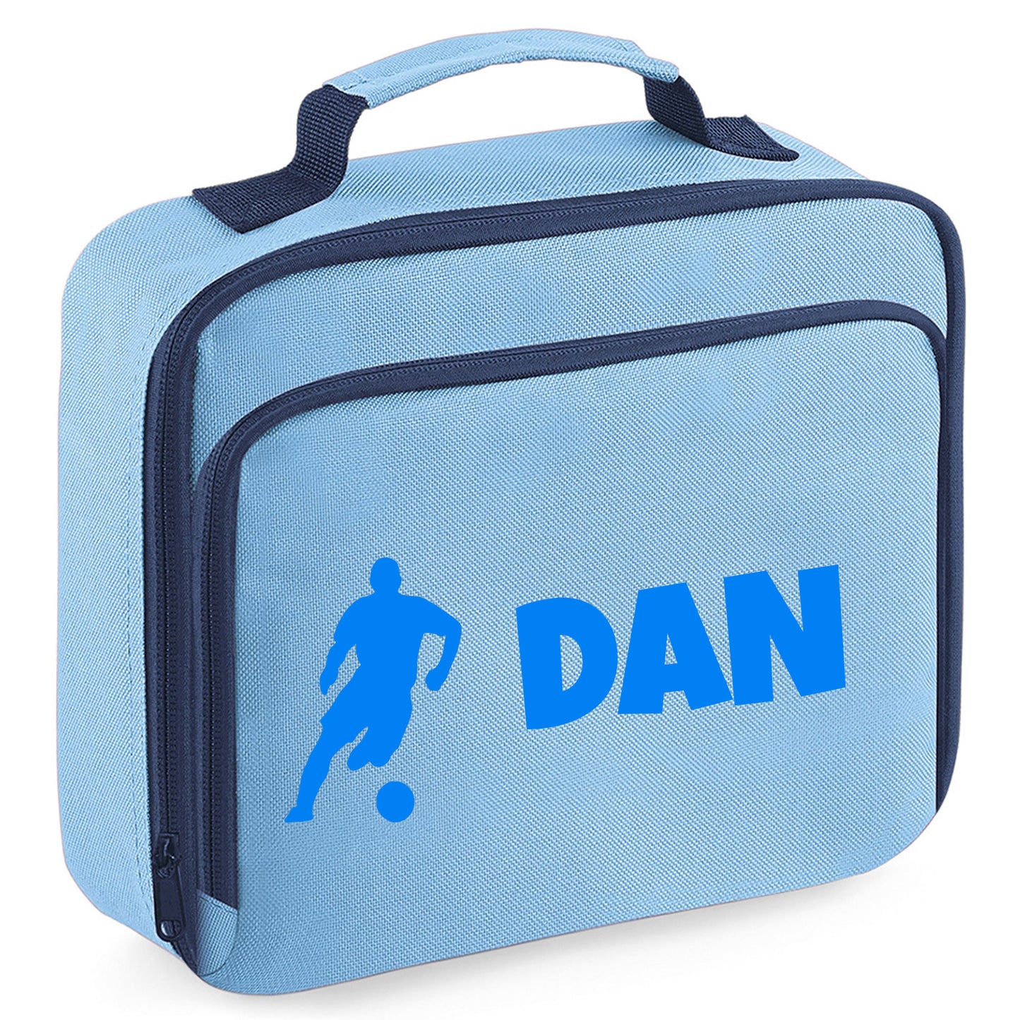 Personalised Lunch Bag with Football Design Childs School Lunch Box  - Always Looking Good - Blue Male Player 