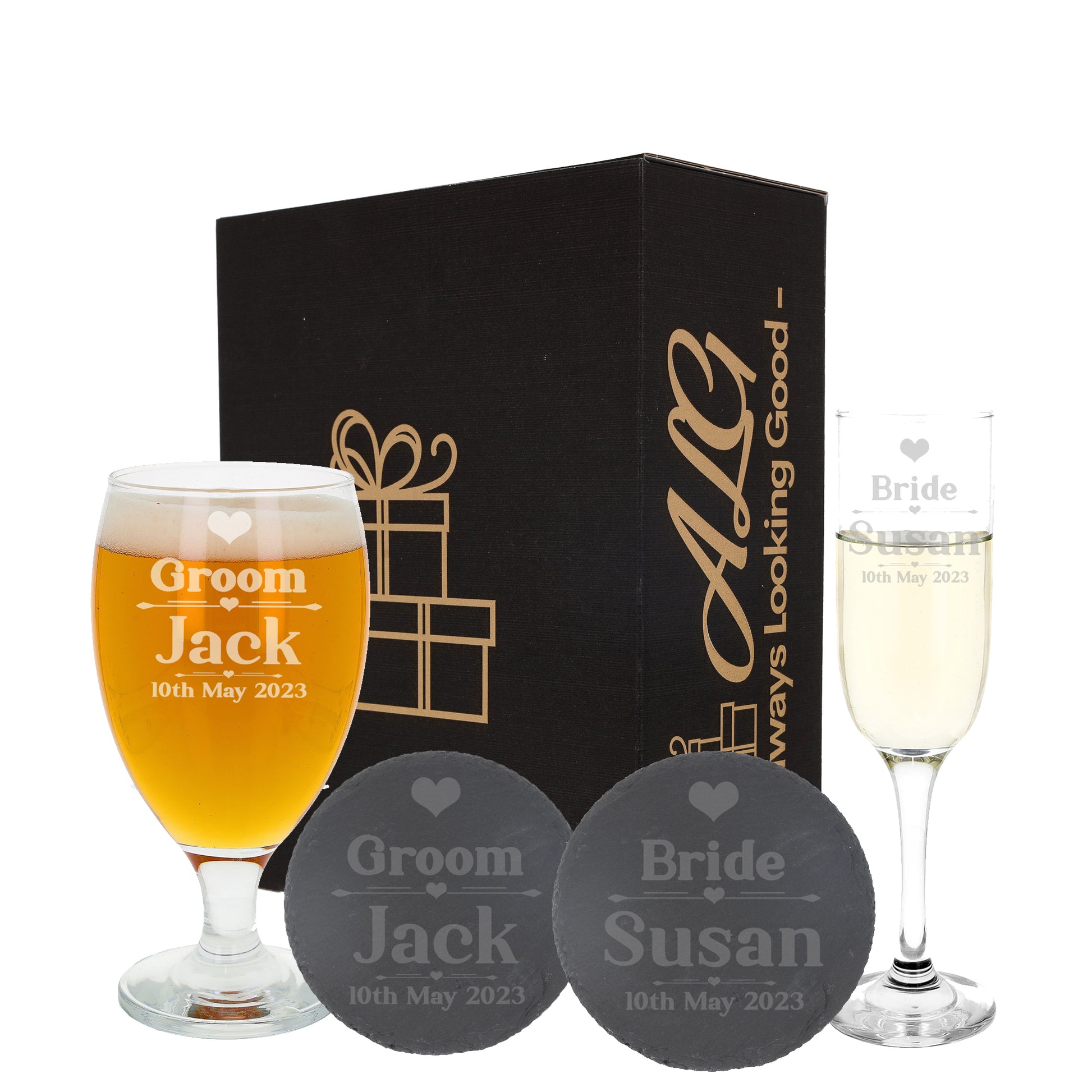 Personalised Bride & Groom Engraved Glass and/or Coaster Wedding Gift Set  - Always Looking Good -   