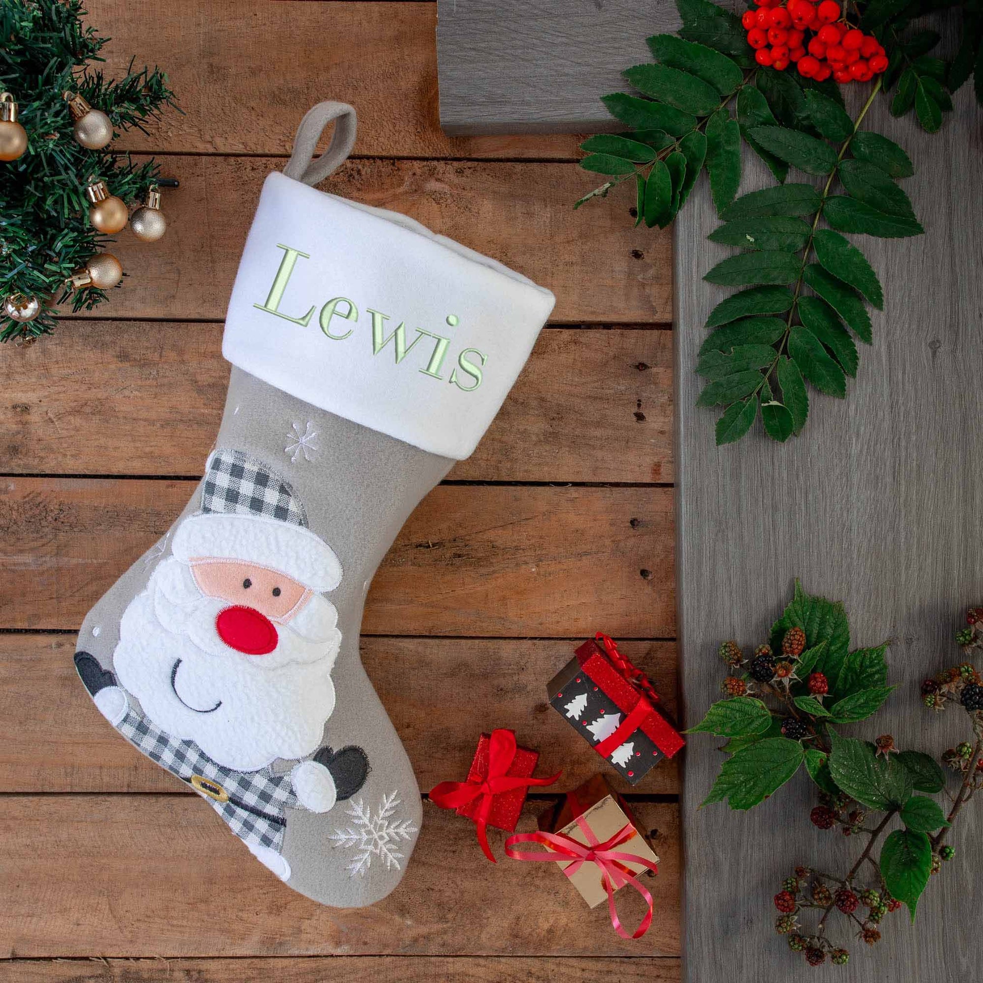 Personalised Embroidered Grey Christmas Santa Stocking with Name  - Always Looking Good -   