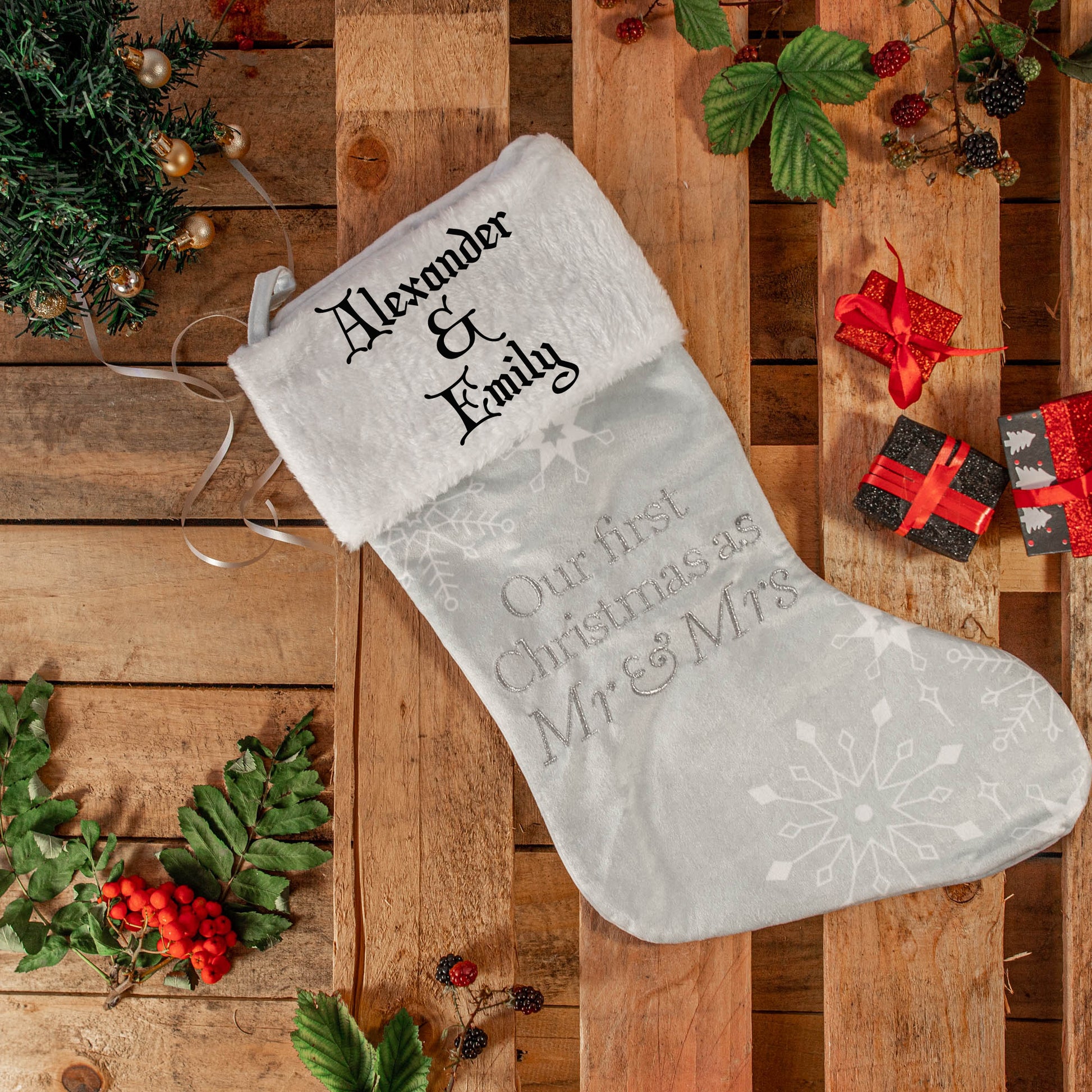 Embroidered Personalised Mr & Mrs First Christmas Stocking  - Always Looking Good -   