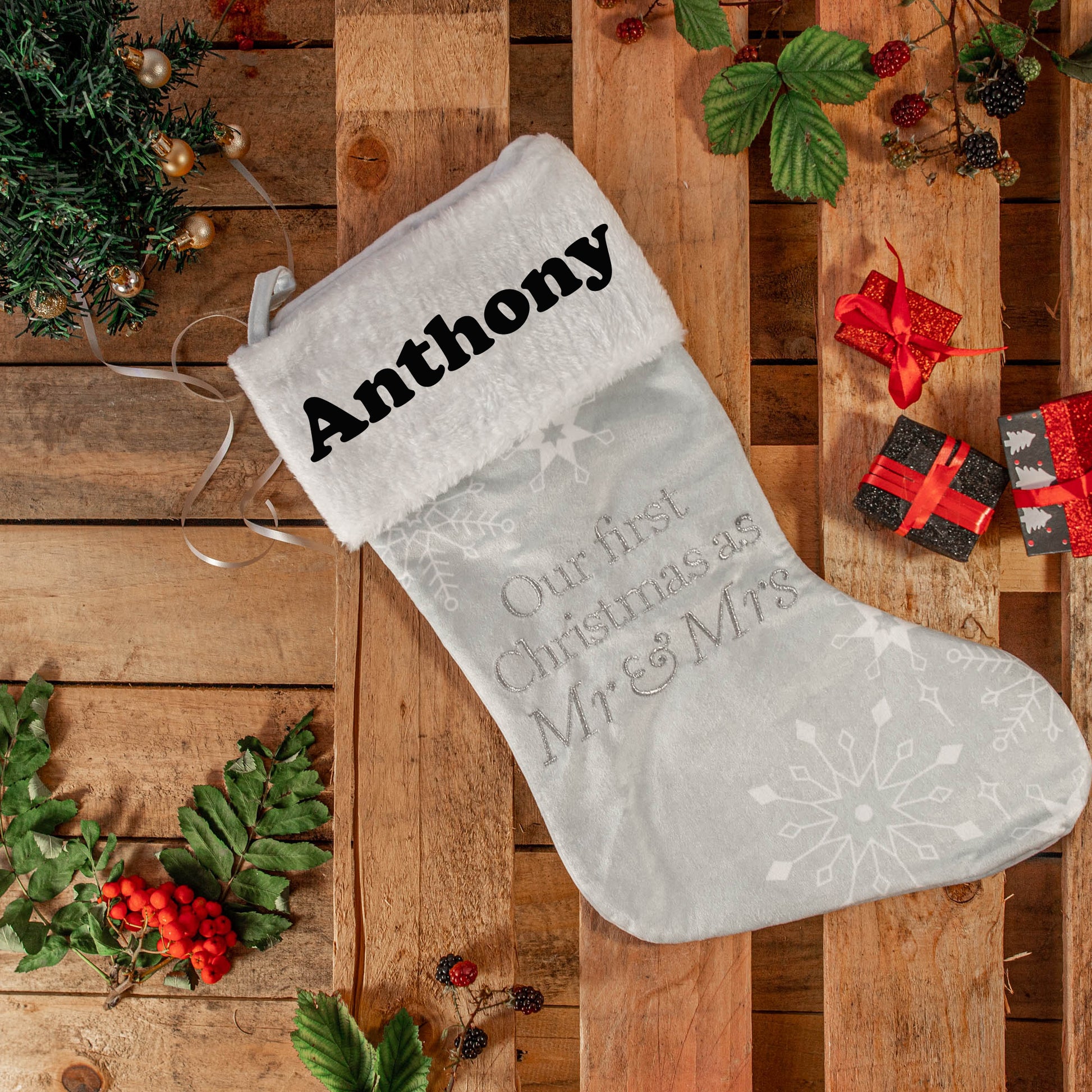 Embroidered Personalised Mr & Mrs First Christmas Stocking  - Always Looking Good -   