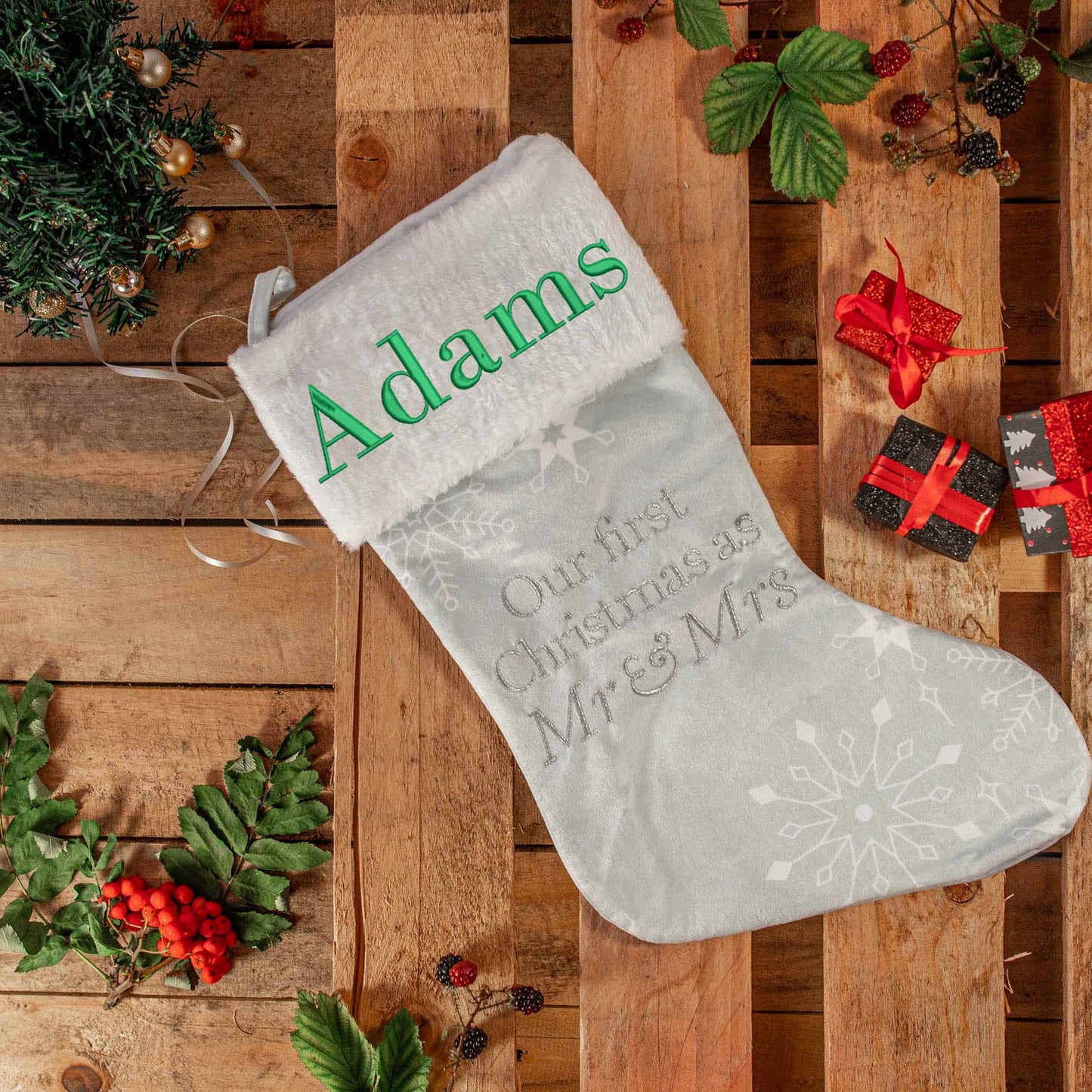 Embroidered Personalised Mr & Mrs First Christmas Stocking  - Always Looking Good -   