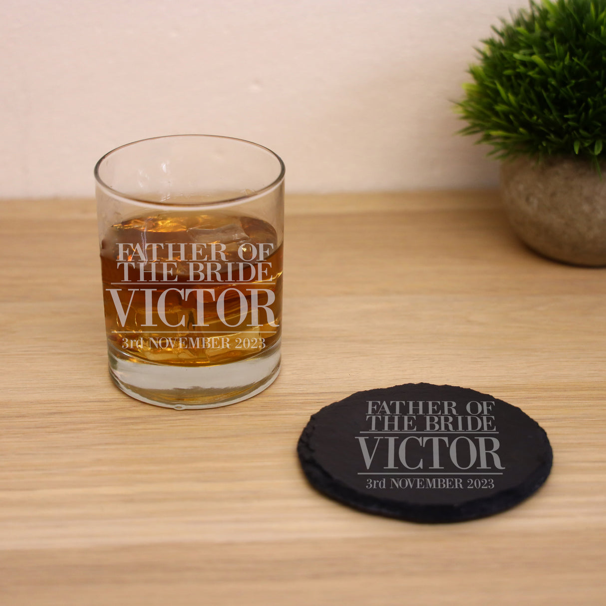 Personalised Father Of The Bride Whisky Glass and/or Coaster Set  - Always Looking Good - Glass & Round Coaster Set  