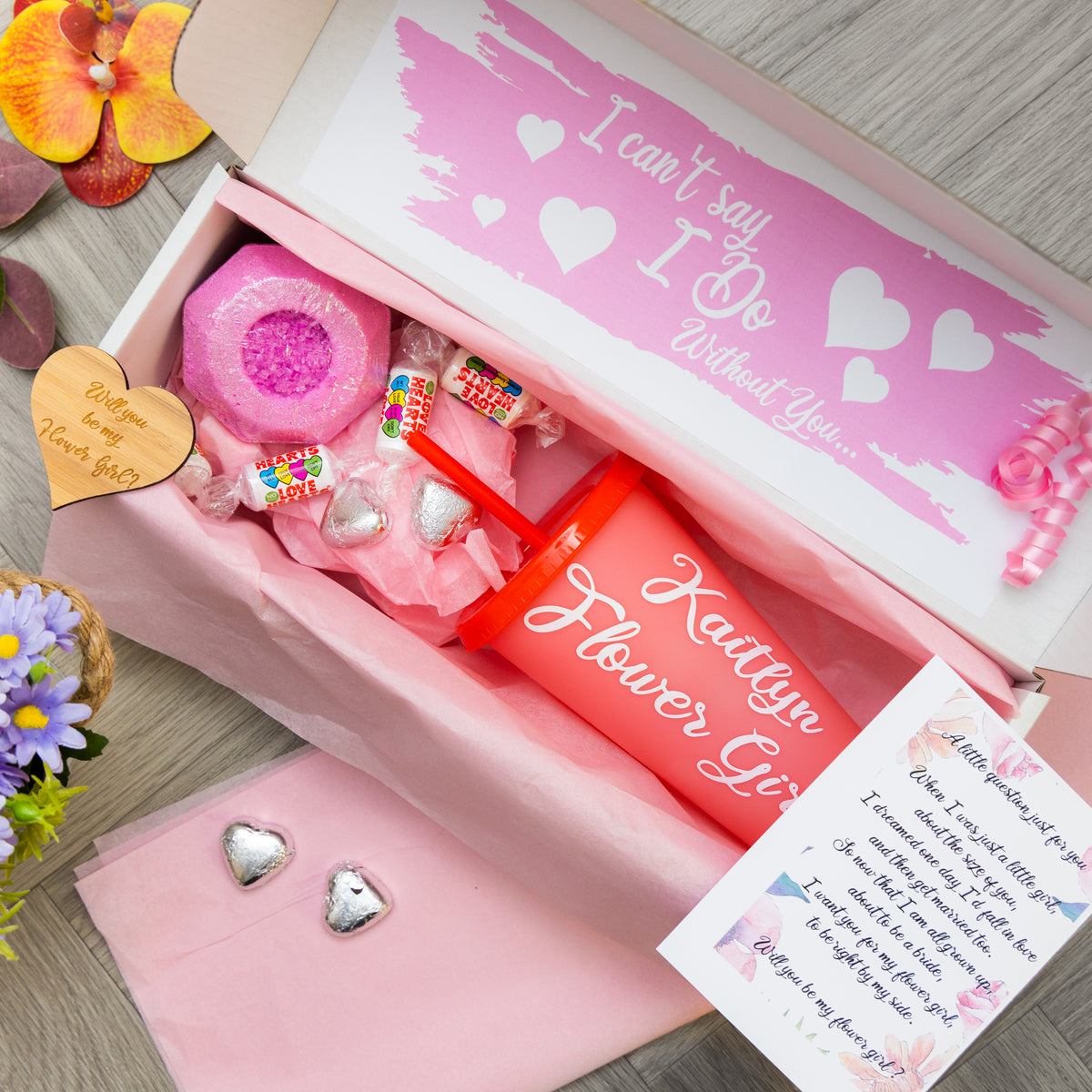 Personalised Flower Girl Proposal Gift – Pink Juice Cup Keepsake