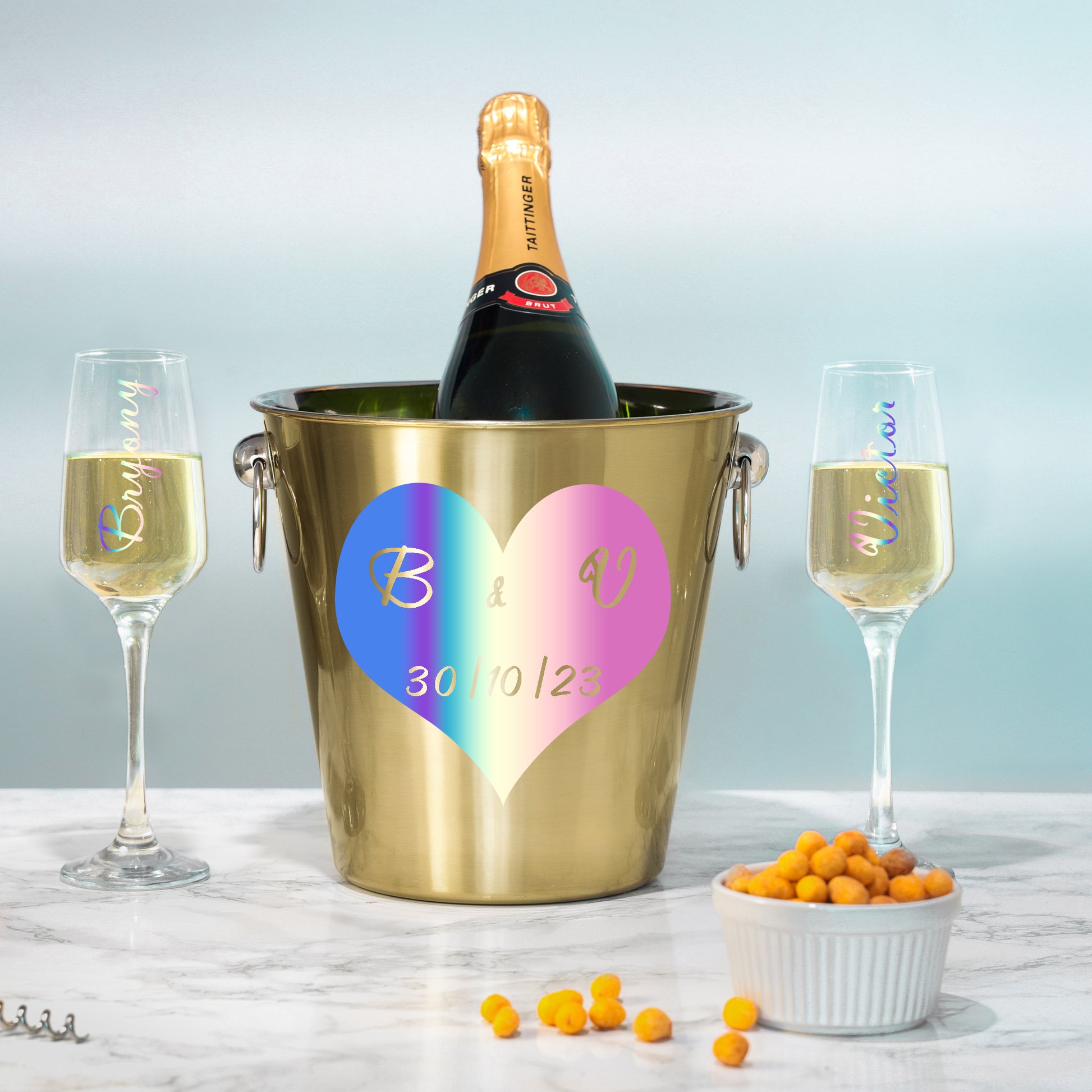 Personalised Heart Design Gold Ice Bucket With Matching Champagne Glasses  - Always Looking Good -   