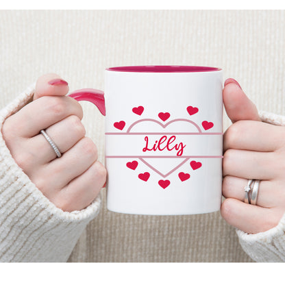 Personalised Pink Heart Design Mug and Optional Coaster
