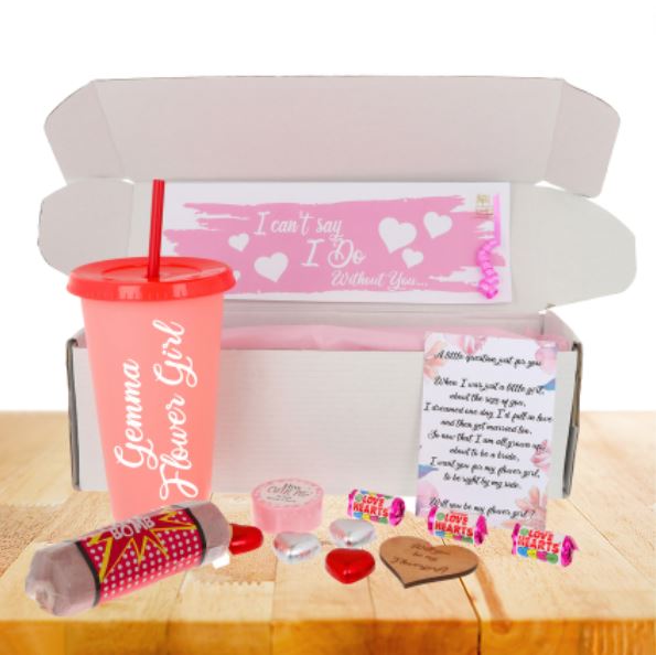 Personalised Flower Girl Proposal Gift – Pink Juice Cup Keepsake