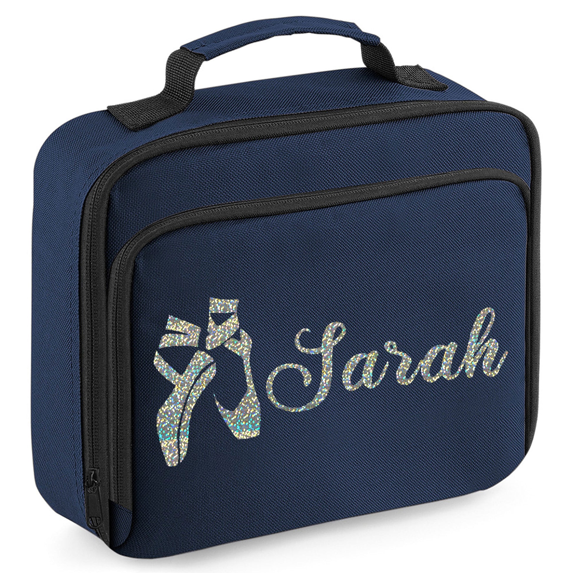 Personalised Lunch Bag with Ballet Design Childs School Lunch Box  - Always Looking Good - Navy Ballet Shoes 