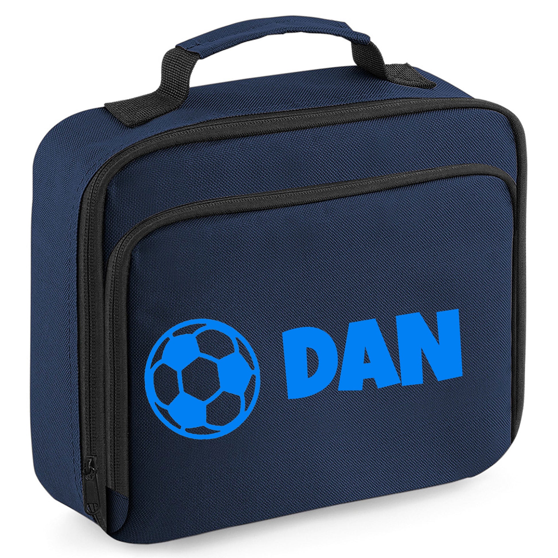 Personalised Lunch Bag with Football Design Childs School Lunch Box  - Always Looking Good - Navy Football 