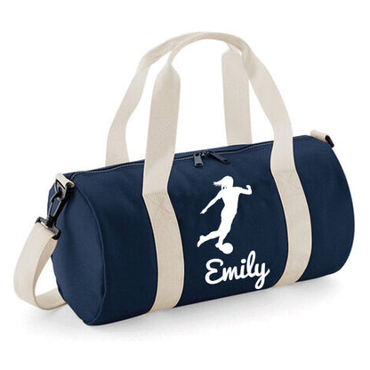 Personalised Female Footballer Barrel Bag with Girls Name