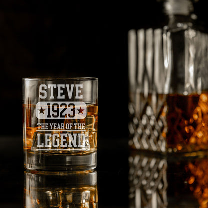 ANY Year Of The Legend Engraved Personalised Whisky Glass and/or Coaster Set  - Always Looking Good -   