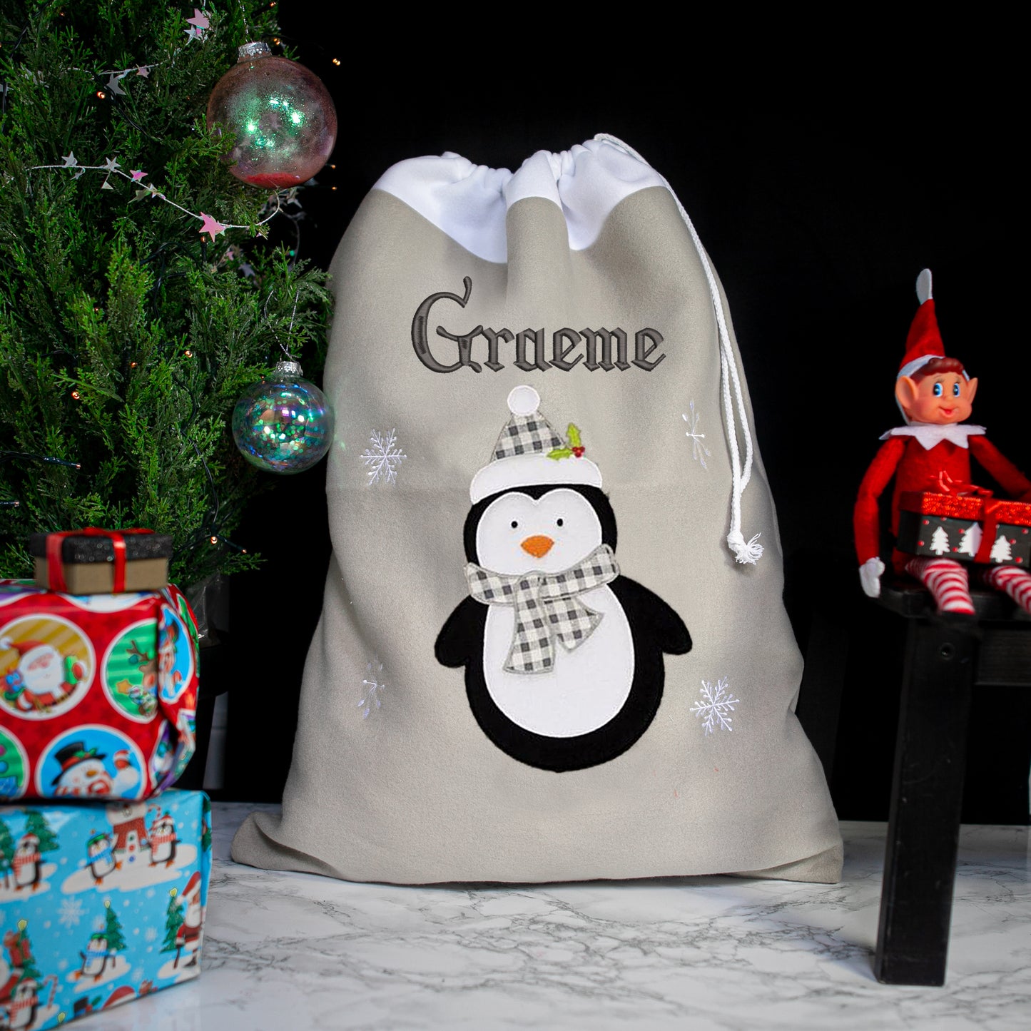 Personalised Embroidered Large Grey Christmas Design Sack  - Always Looking Good - Penguin  