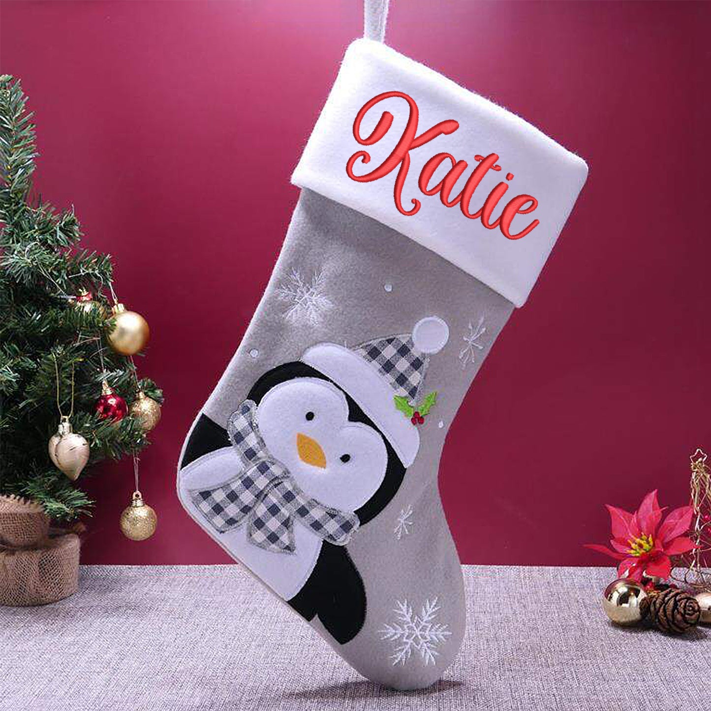 Personalised Embroidered Grey Christmas Santa Stocking with Name  - Always Looking Good -   