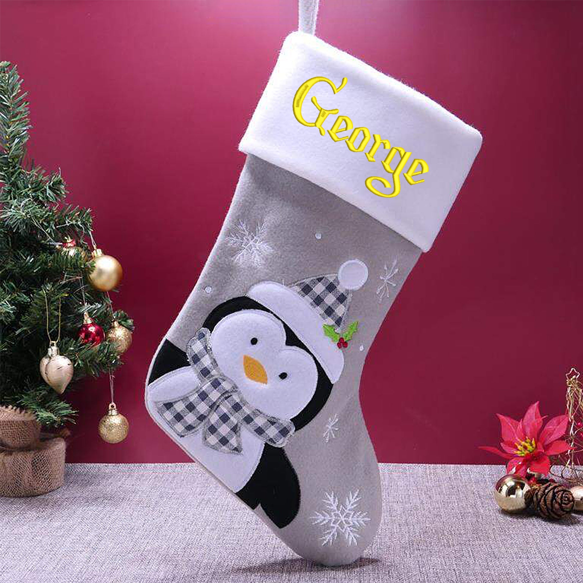 Personalised Embroidered Grey Christmas Santa Stocking with Name  - Always Looking Good - Penguin  