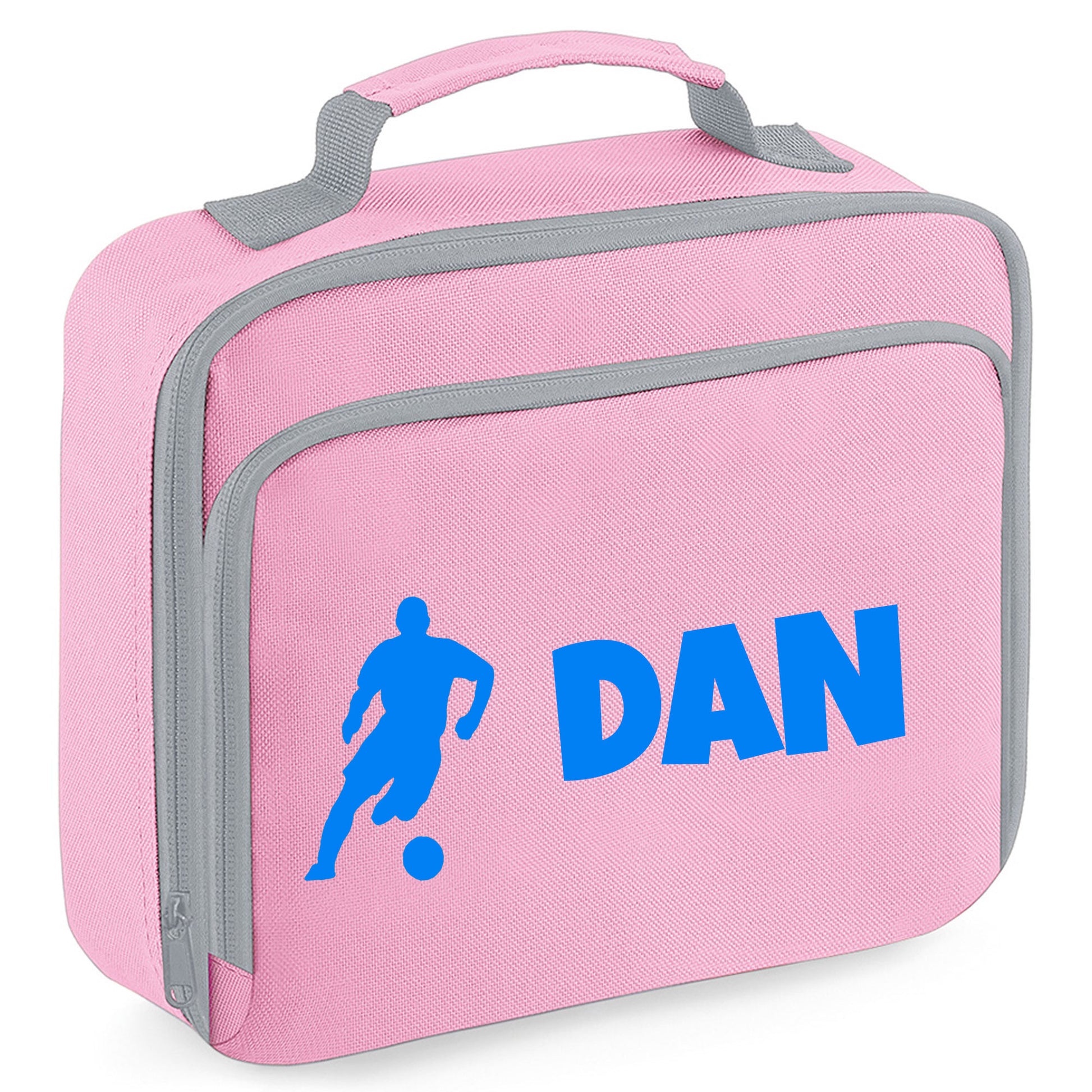 Personalised Lunch Bag with Football Design Childs School Lunch Box  - Always Looking Good - Pink Male Player 