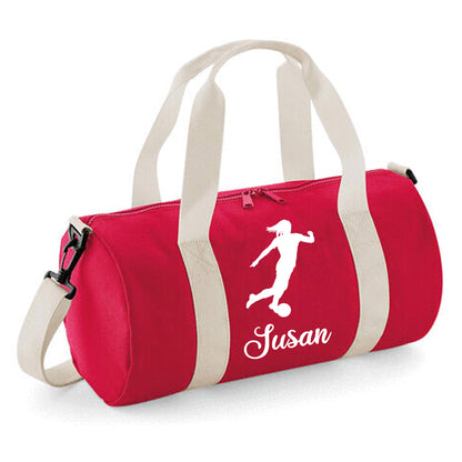 Personalised Female Footballer Barrel Bag with Girls Name