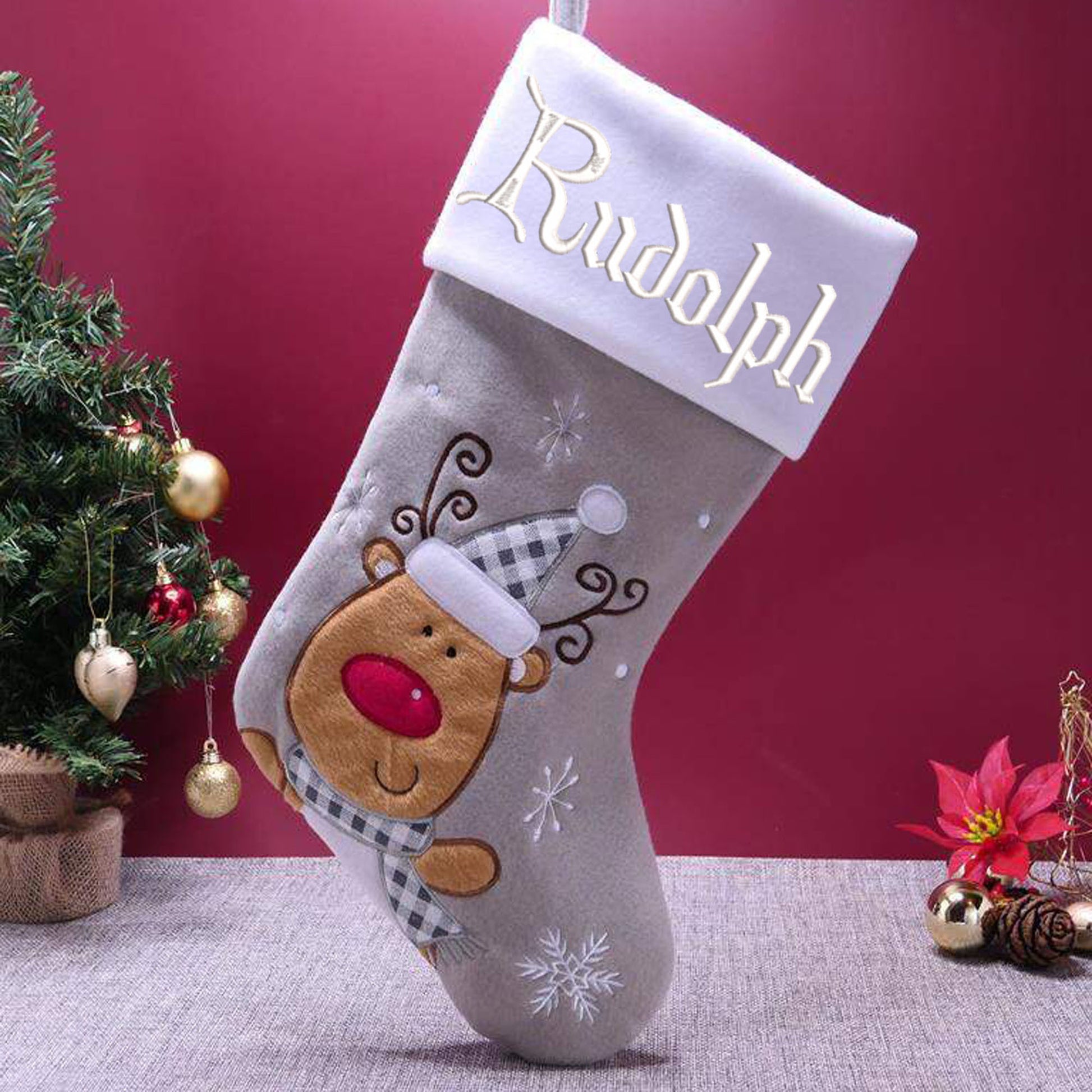 Personalised Embroidered Grey Christmas Santa Stocking with Name  - Always Looking Good -   