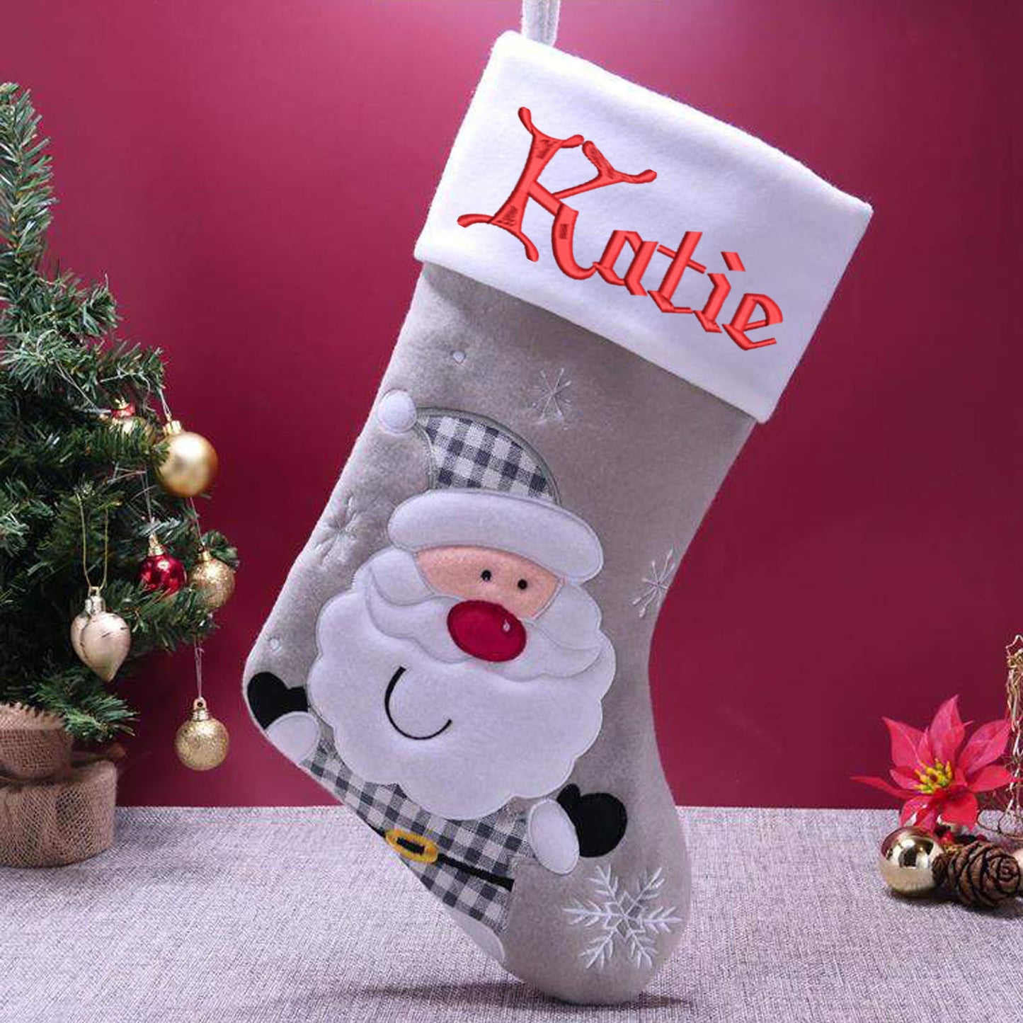 Personalised Embroidered Grey Christmas Santa Stocking with Name  - Always Looking Good -   