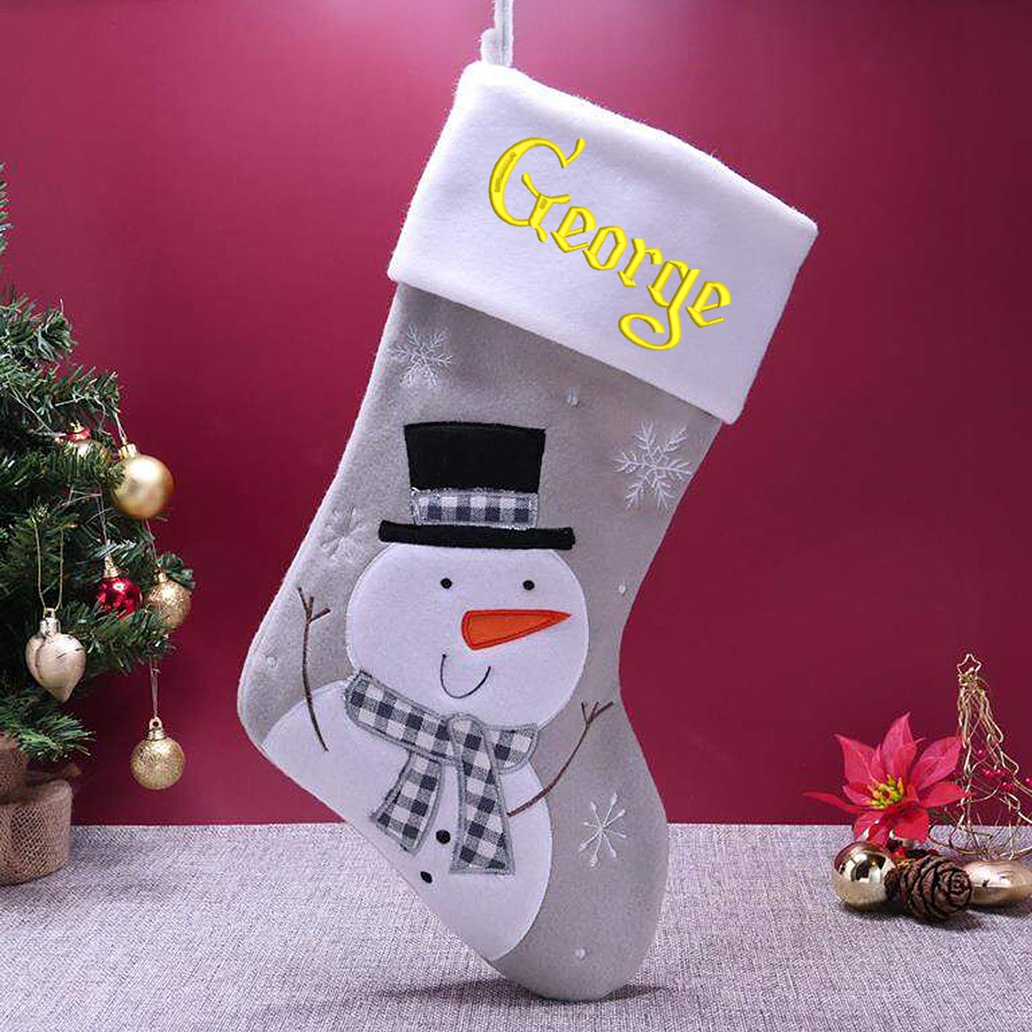 Personalised Embroidered Grey Christmas Santa Stocking with Name  - Always Looking Good - Snowman  