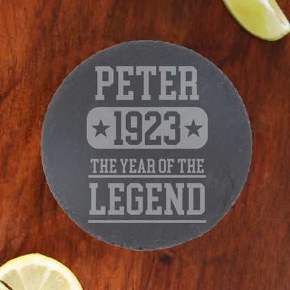 ANY Year Of The Legend Engraved Personalised Whisky Glass and/or Coaster Set  - Always Looking Good -   
