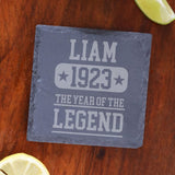 ANY Year Of The Legend Engraved Personalised Whisky Glass and/or Coaster Set  - Always Looking Good -   