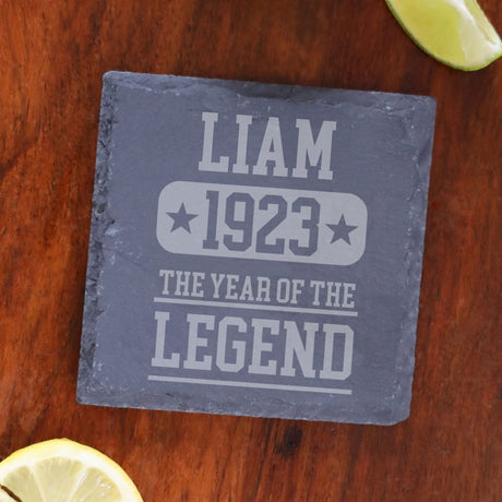 ANY Year Of The Legend Engraved Personalised Whisky Glass and/or Coaster Set  - Always Looking Good -   