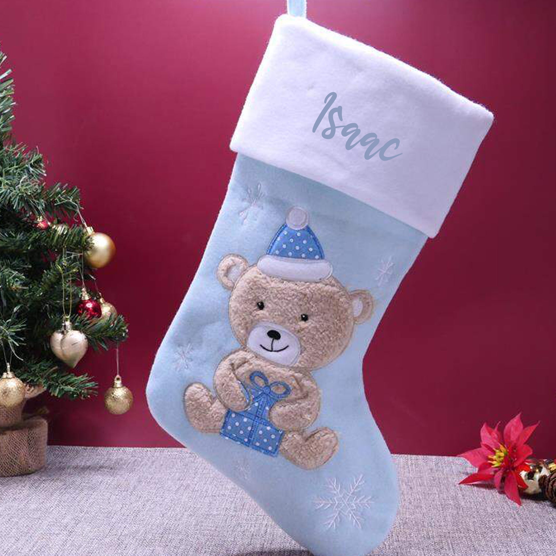 Personalised Baby's 1st Christmas Bear Stocking Sentimental Keepsake  - Always Looking Good - Baby Blue Bear with Present 