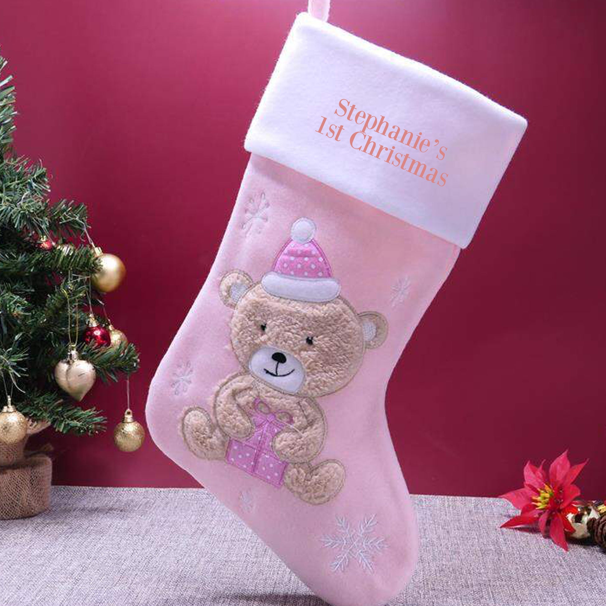 Personalised Baby's 1st Christmas Bear Stocking Sentimental Keepsake  - Always Looking Good - Baby Pink Bear with Present 