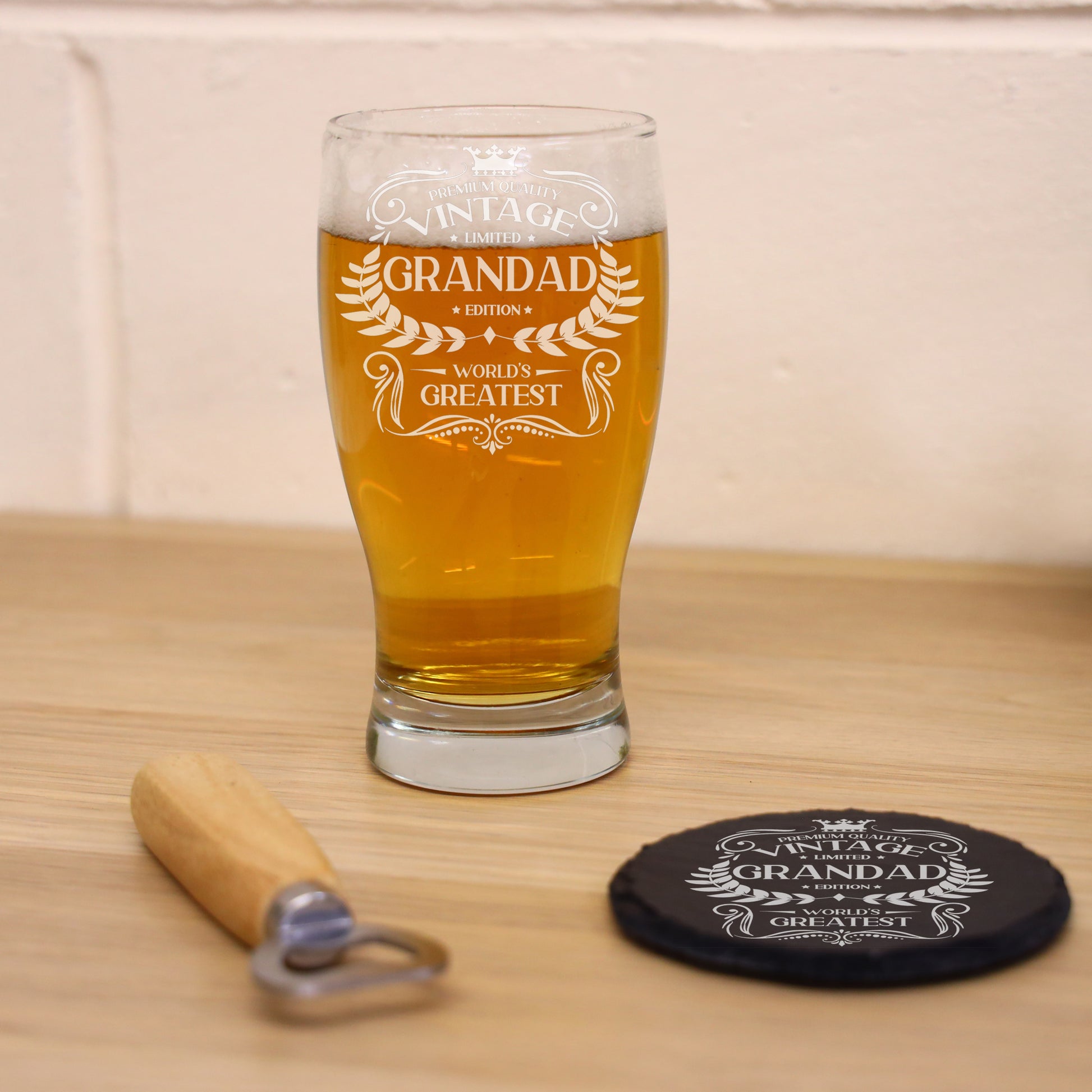 Vintage World's Greatest Grandad Engraved Beer Pint Glass  - Always Looking Good - Glass & Round Coaster  