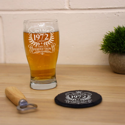 Vintage Any Year All Ages Engraved Birthday Beer Glass and/or Coaster Set  - Always Looking Good -   