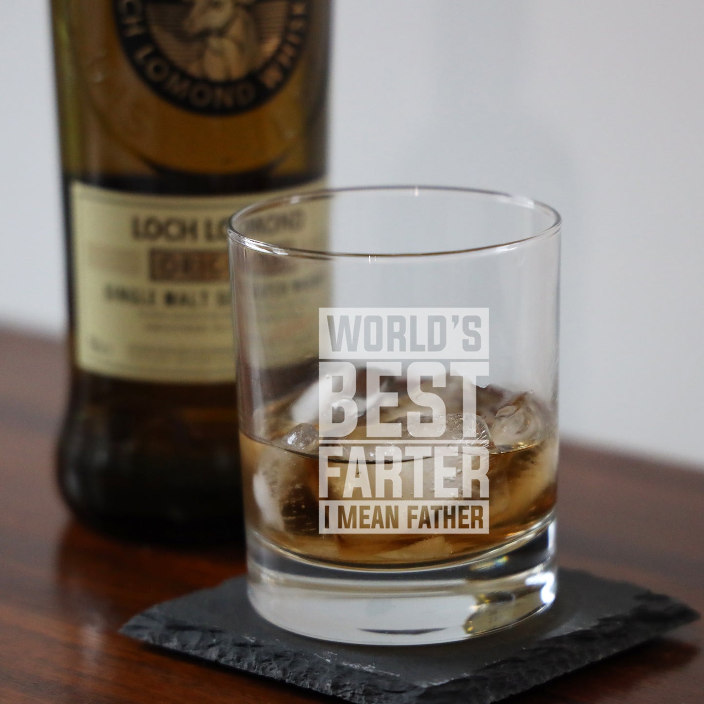 "Worlds Best Farter I Mean Father" Novelty Engraved Whisky Glass and/or Coaster Set  - Always Looking Good -   