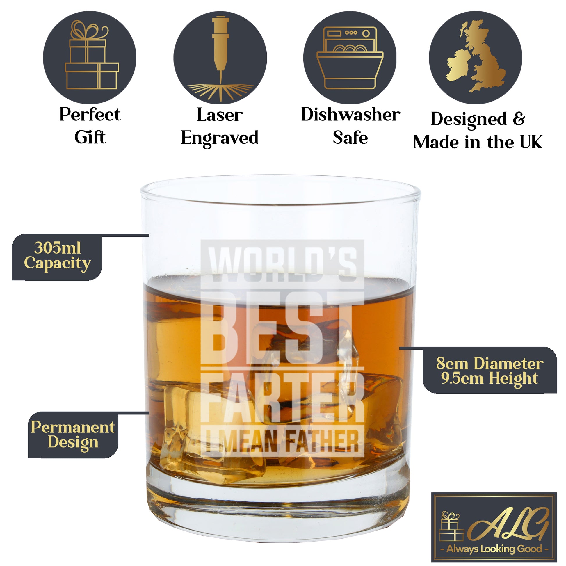 "Worlds Best Farter I Mean Father" Novelty Engraved Whisky Glass and/or Coaster Set  - Always Looking Good - Glass Only  