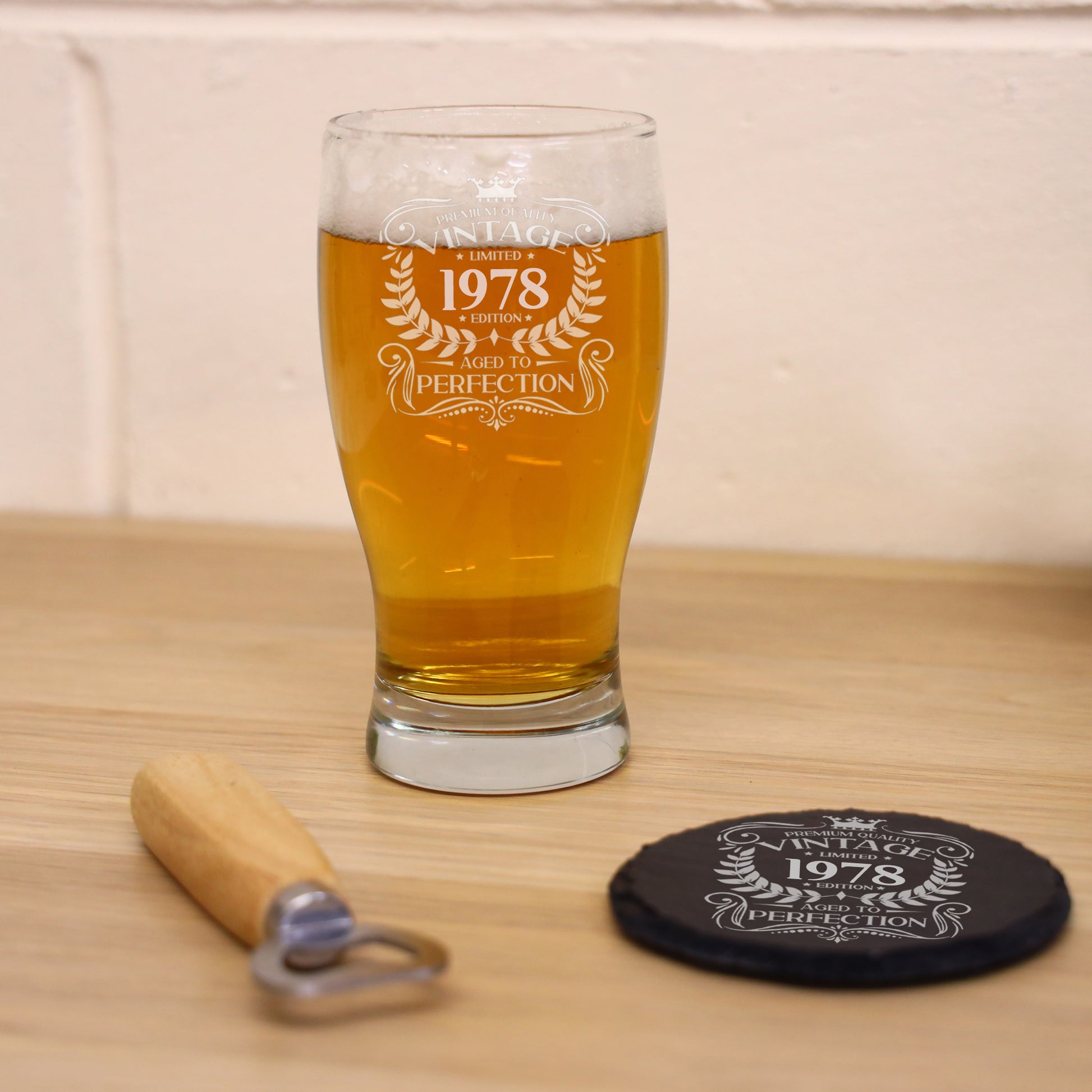 Vintage 1978 45th Birthday Engraved Beer Pint Glass Gift  - Always Looking Good - Glass & Round Coaster  